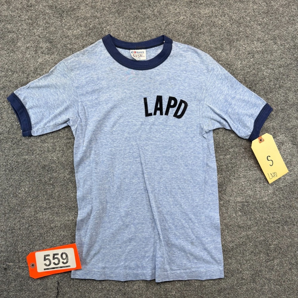 VTG 70s 80s Hanes LAPD Ringer T Shirt Tag Medium Single Stitch fits XS To Small